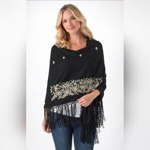 Vintage April Cornell Black Embroidered Scarf with Fringe